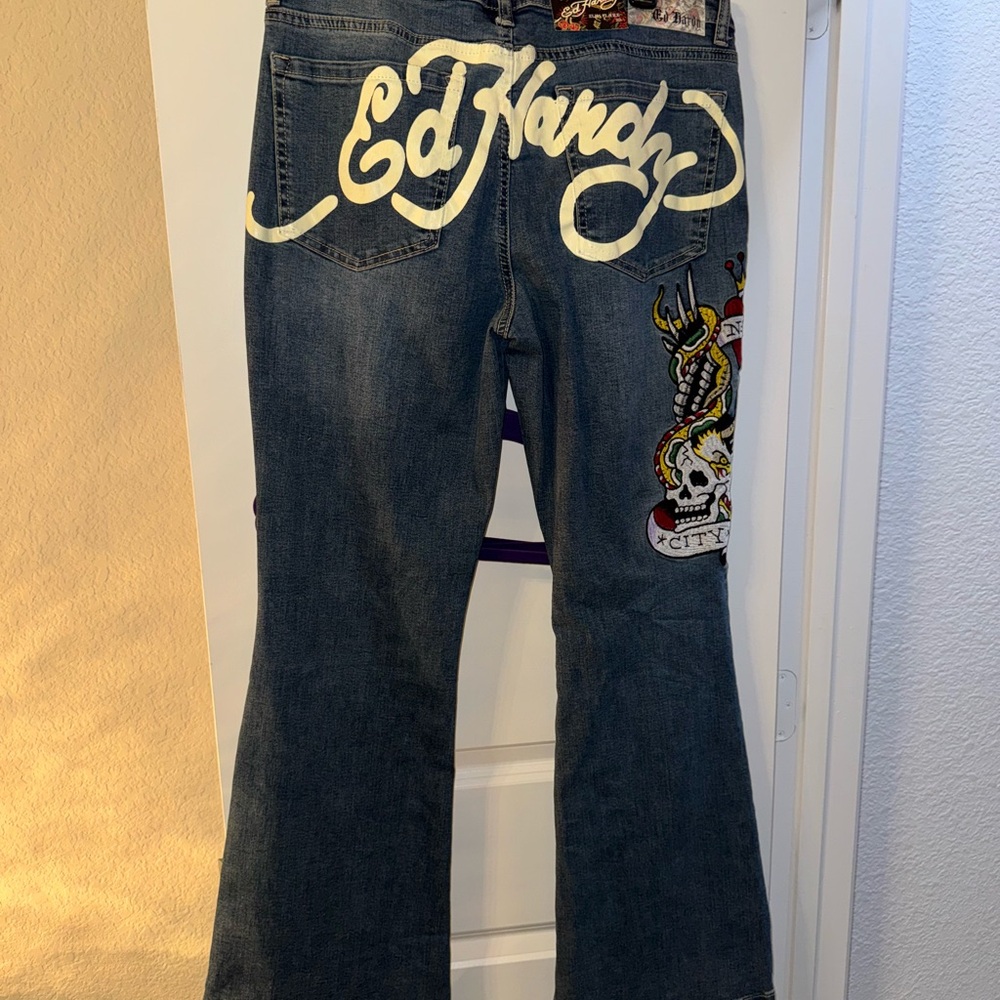 Ed Hardy Blue Flare Wide Leg Jeans with cream print